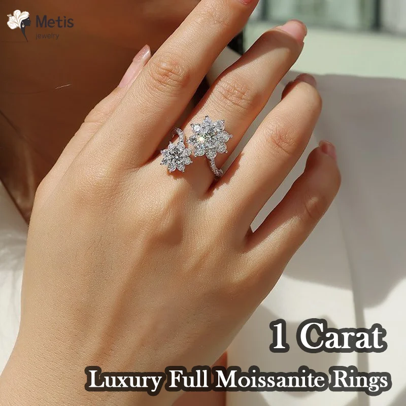 Luxury Full Moissanite Rings S925 Silver for Women Double Sun Flowers Adgustable Engagement Wedding Bands Gift Jewelry