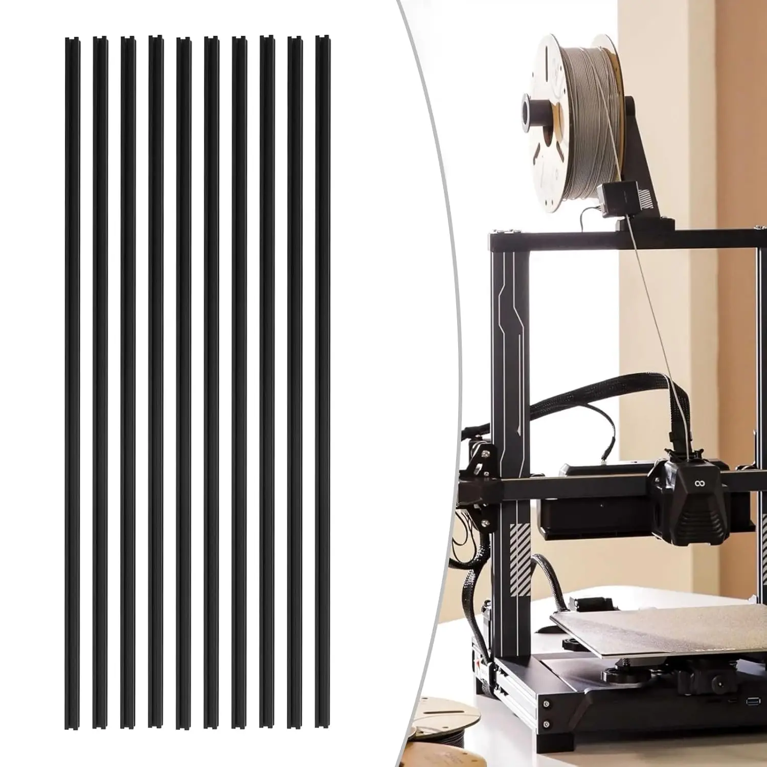 10Pcs 1m Black T Slot Aluminum Extrusion and Aluminium Profile, 2020 Series 3.28ft Anodized Linear Rail Fit for 3D Printer and CNC Frame