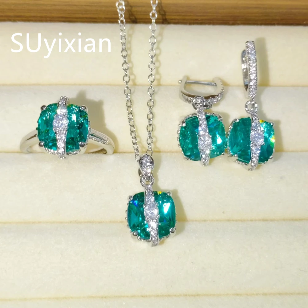 925 Sterling Silver Fashion Light Luxury Multi-Color Sugar Cube Earrings Ring Pendant Necklace Set Birthday Anniversary Gift