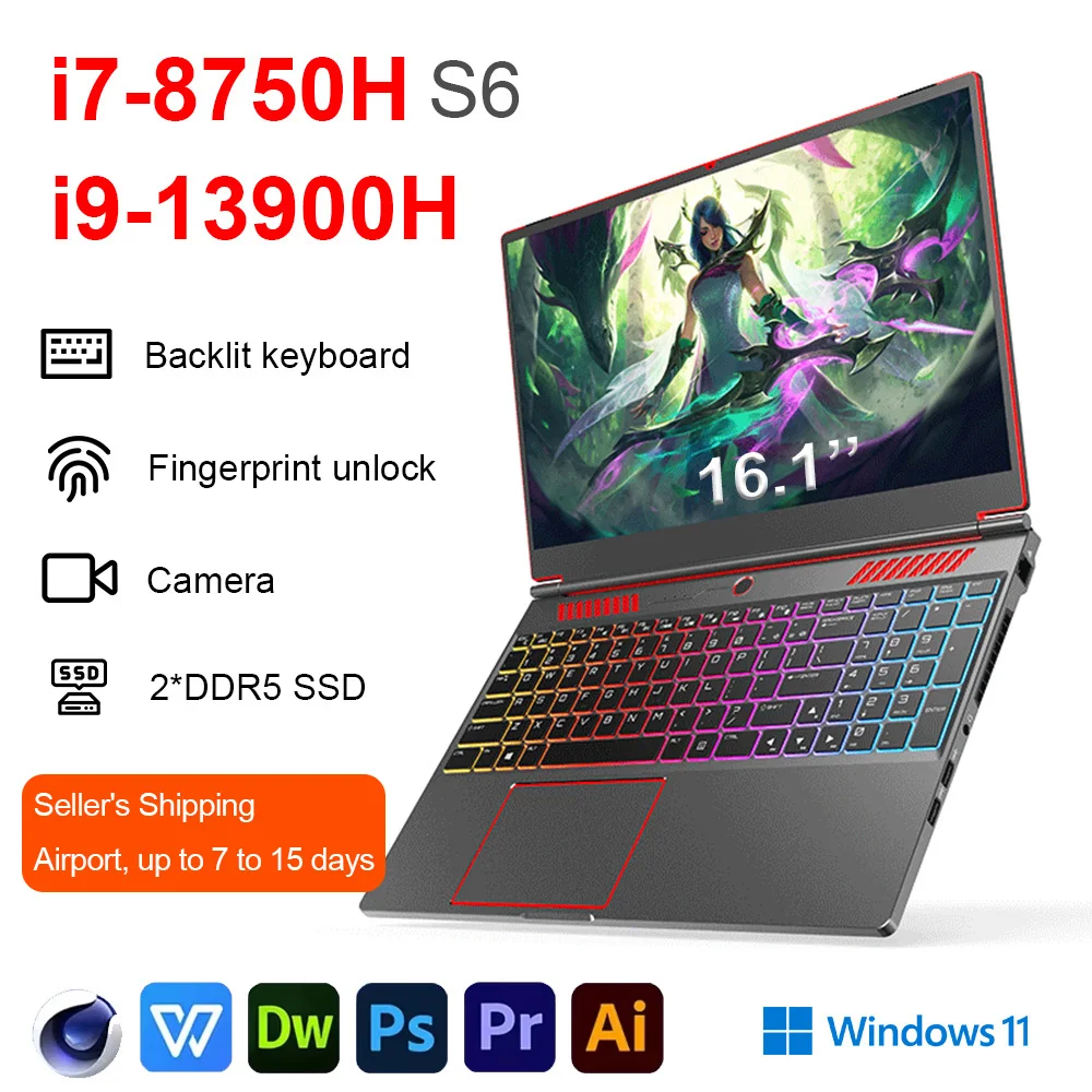 S6 16.1 Inch Gaming Laptop RTX 4050 6G Intel Core I9-13900H I7-8750H Windows 11 Pro Max 64GB 2*DDR5 2*M.2 4TB Office Computer