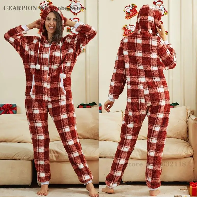 

Женская одежда для сна из кораллового флиса, утолщенная клетчатая рождественская новогодняя ночная рубашка, домашняя одежда с капюшоном, теплая свободная цельная пижама