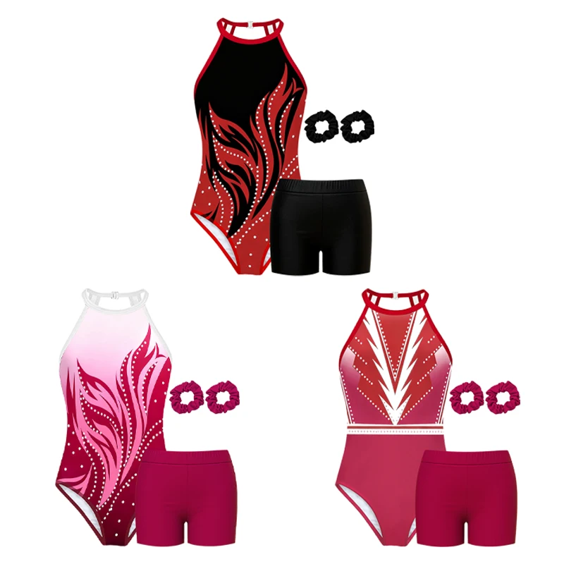 Girls Gymnastics Leotard Kids Flame Pattern Halter Neck Bodysuits with Shorts and Hairband No Diamond