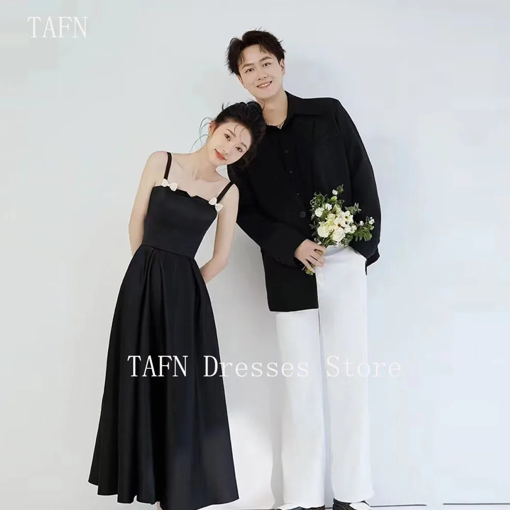 

TAFN Black Simple Evening Dresses Square Collar Sleeveless Spaghetti Straps A-line Draped Photo Shoot Dresses Custom Made