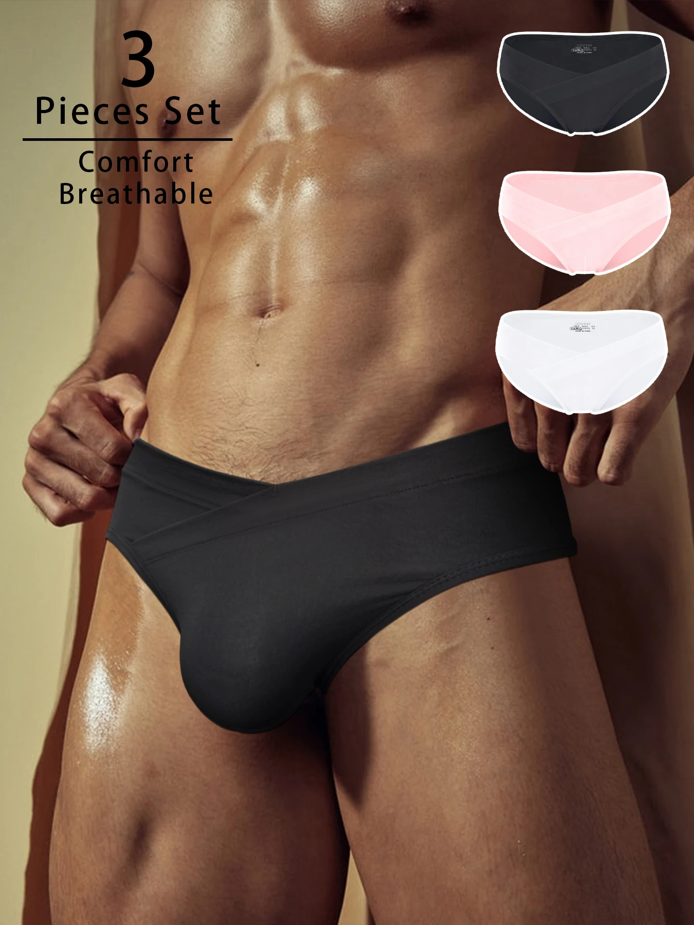 

3-Pack Men's Sexy Briefs Cross V Waistband Underwear For Men Ultra-thin Ice Silk Underpants Fitness Comfortable U-convex Panties
