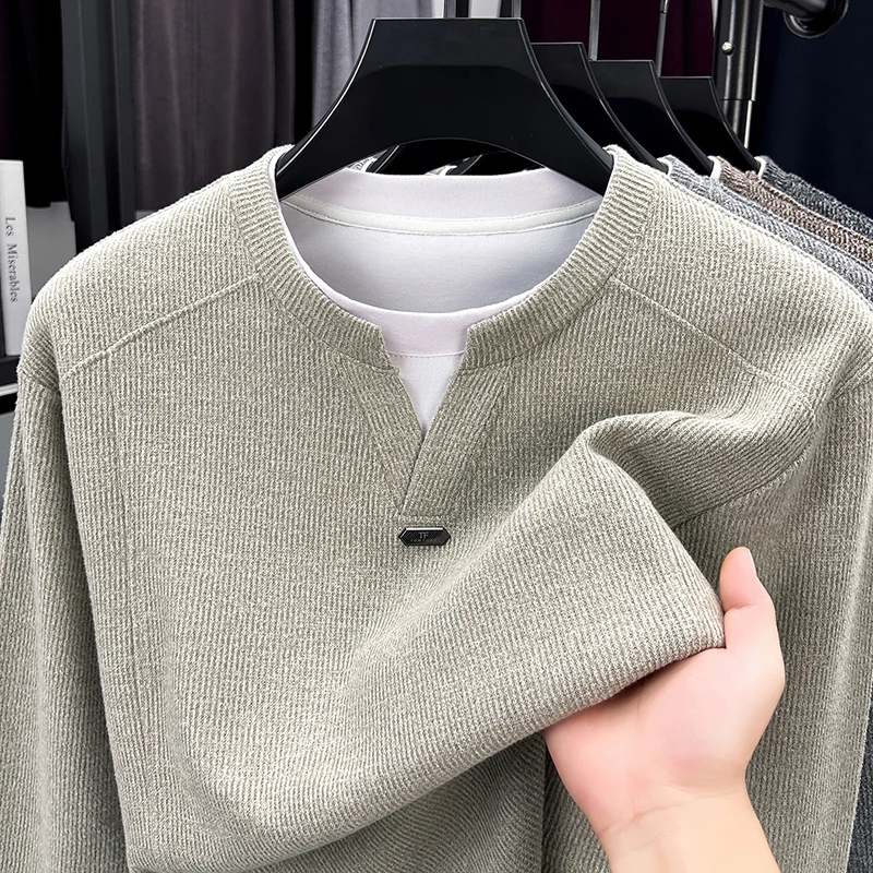 High Quality New Fashion Men's Sweater fake two-piece autumn winter soft comfort casual personality round neck splicing pullover