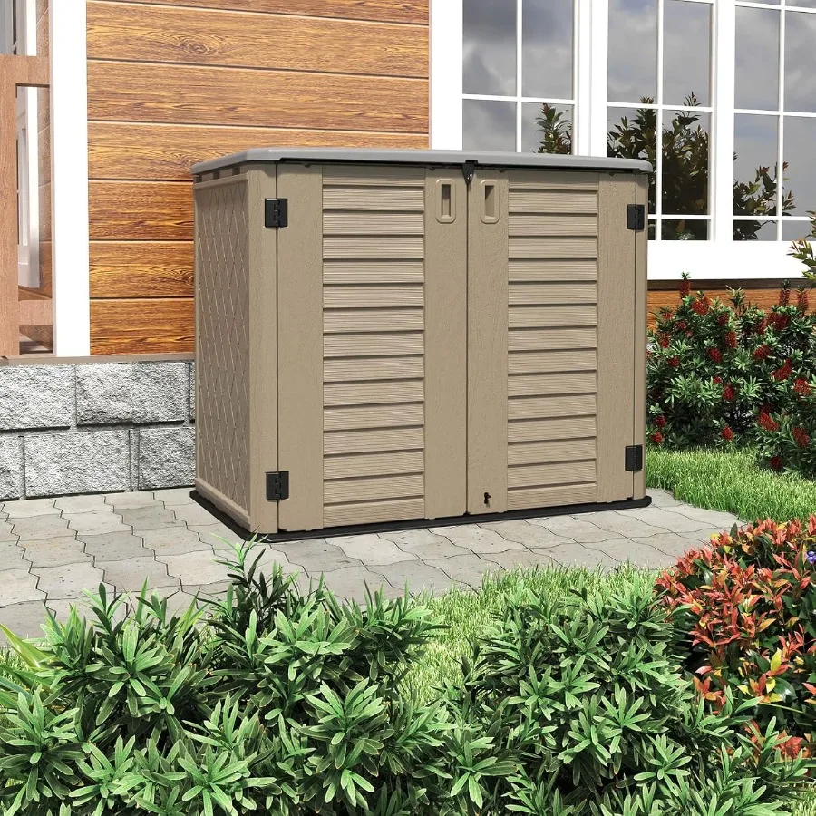Outdoor storage shed for bikes, garbage cans, lawnmowers, garden accessories; waterproof polyethylene material; gray color; loc