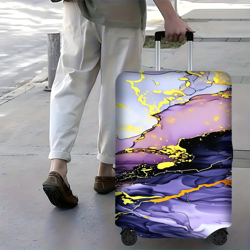 

1-piece vibrant purple and yellow abstract art luggage cover for luggage sizes 18 – 32 inches; dust and elastic travel access