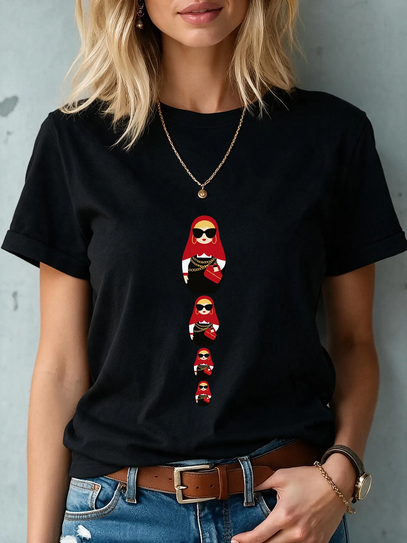 Modern Tide Revised Russian Doll Set Print Women's T-Shirt Casual Crew Neck Short Sleeve T Shirt Vintage Tees Tops Clothes Femme