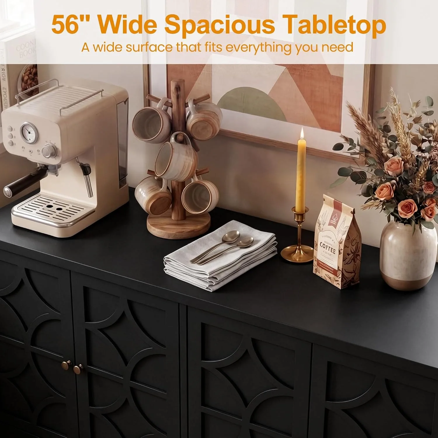 Sideboard Buffet Cabinet with Storage, 56" Modern Sideboard with 4 Carved Doors, Large Wood Coffee Bar Console Table for Kitchen, Dining Room, Entryway, Living Room, Black view 5