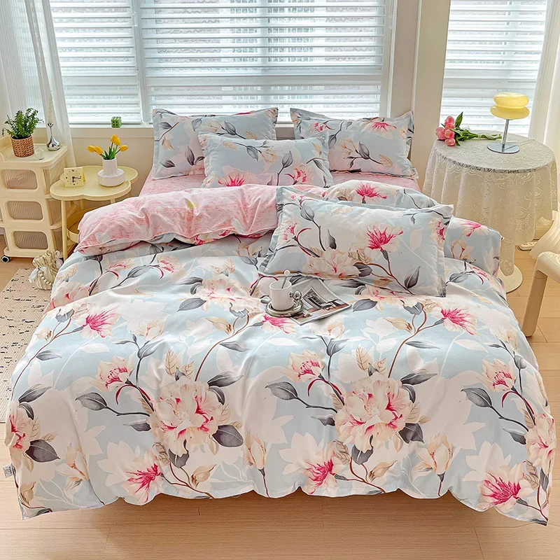 3pcs Floral Duvet Cover Set, Soft Thickened Bedding Botanical Pink Blue Flower Pattern Comforter Cover for Bedroom, Guest Room