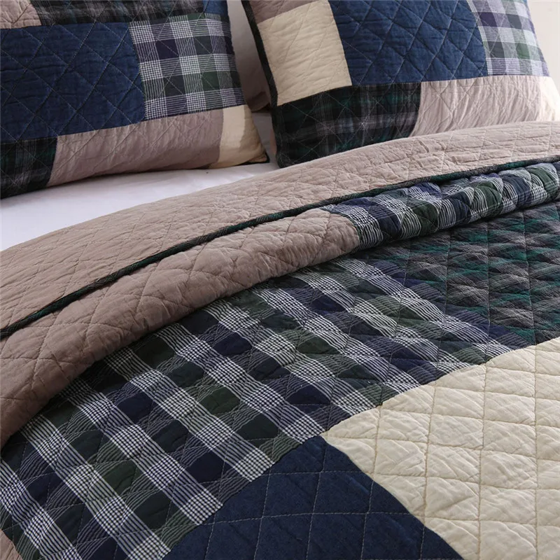 Patchwork Cotton Quilt Set 3pcs Quilted Bedspread Queen Size Checkered Coverlet Blanket in Bedroom Bed Covers Mattress Topper