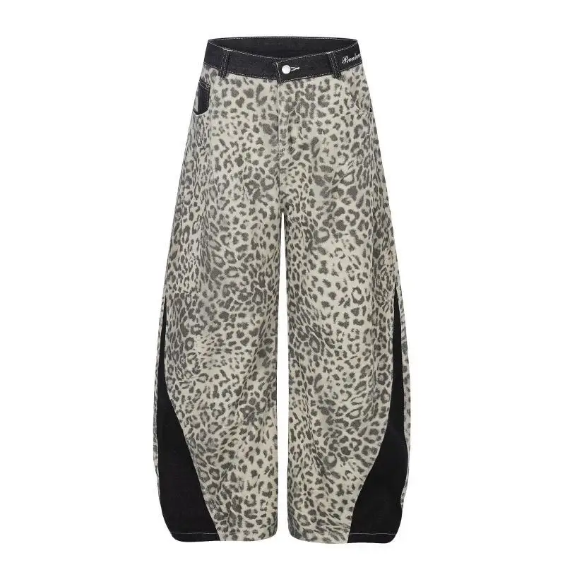 Street Vintage Leopard Pattern Stitching Wide Leg Baggy Jeans Mens Womens Casual Pants Fashion Letter Embroidered Denim Trousers