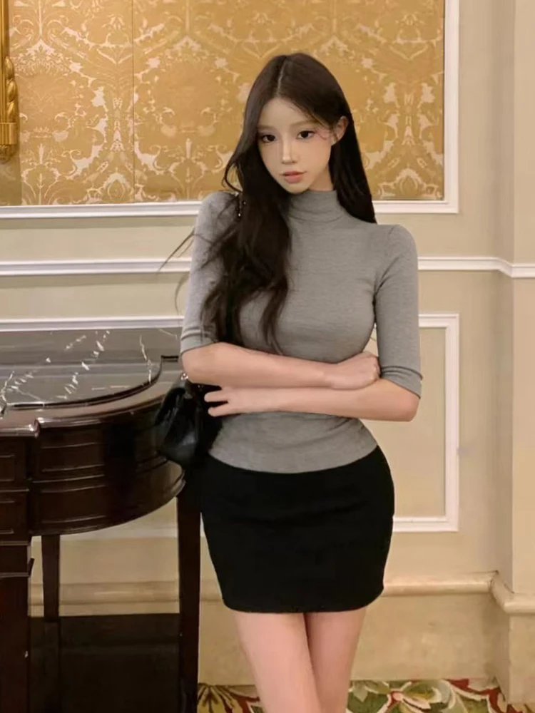 Sexy Slim Fit High Collar T-Shirt And  Skirt Set Pure Color mid Sleeve Bodycon Top with High Waist Half Skirt for Women