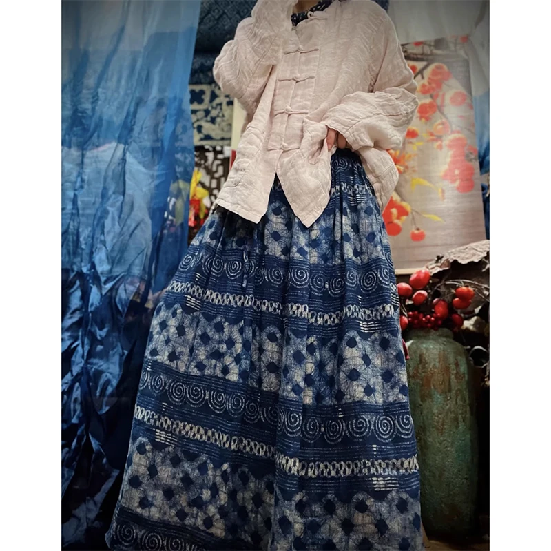 

Original Design Spring Summer Arts Style Women Elastic Waist Loose A-line Skirt Vintage Print Cotton Linen Long Skirt Top qualit