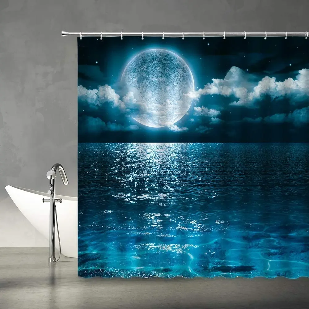 Moon Shower Curtain Full Moon Over Sea Ocean Clouds Planet Star Sky Dreamy Night Scene Black Red Bathroom Curtains Polyester