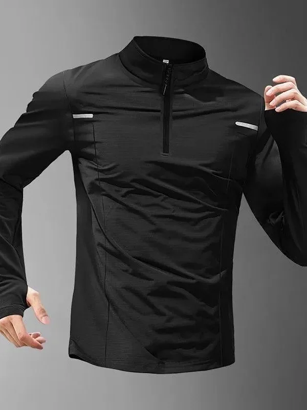 Quick Dry Long Sleeve Men's Training Sportswear Half Zipper Fitness Running Cycling Clothing Stand Collar T-Shirt Polyester F... - view 4