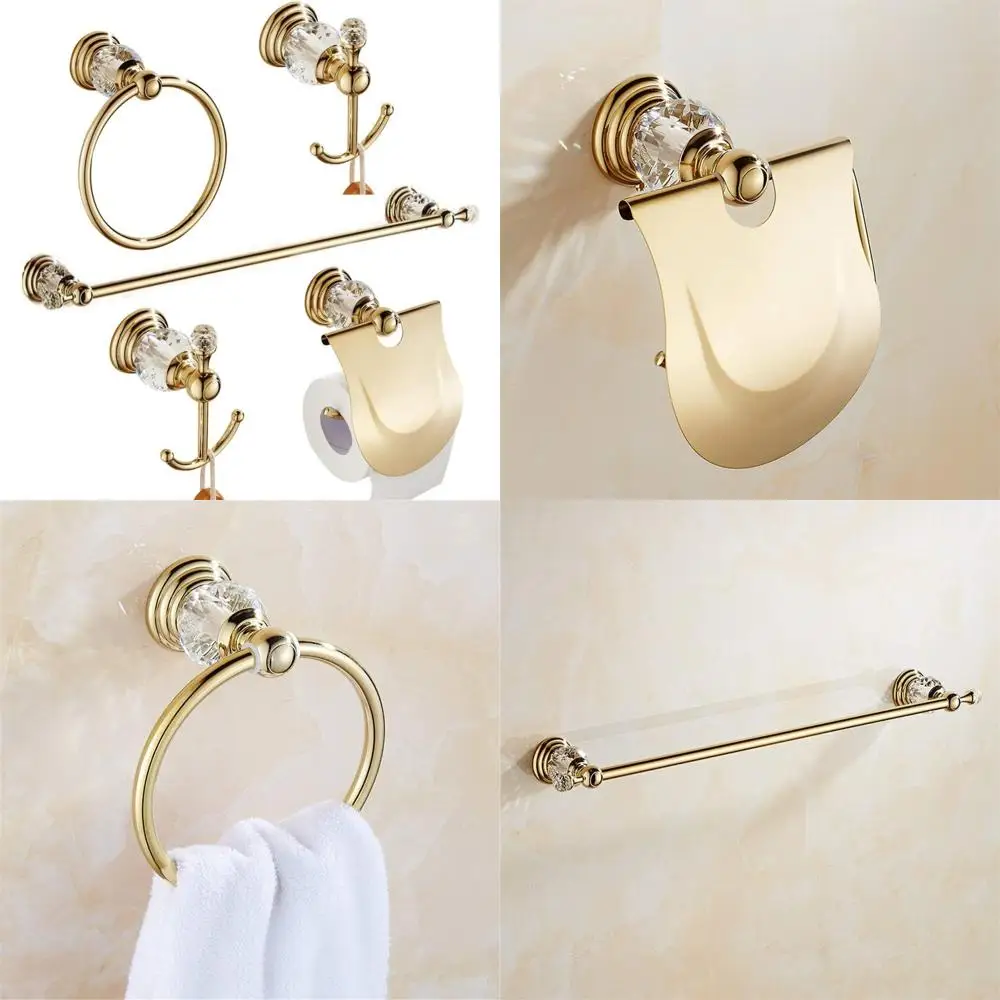 

Crystal Bathroom Accessory Set - Wall Mounted Towel Bar and Hook Set with Golden Hand Towel Ring Holder Racks
