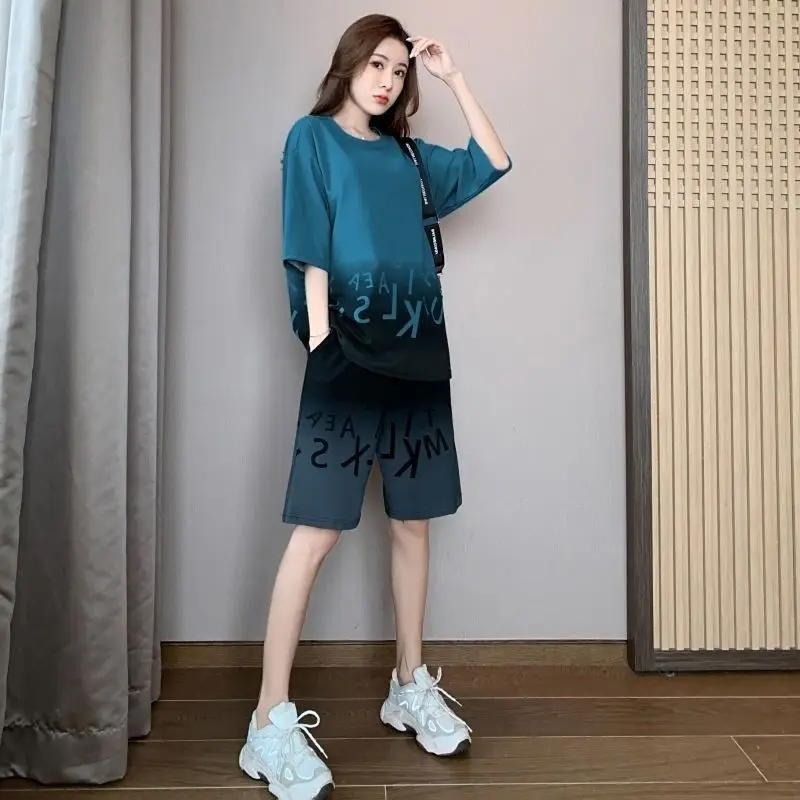 Women\'s Casual Fashion Sports Suit Colour Mixture Long T-shirt Tops And Shorts Two Piece Set For Women 2024 Summer New Tracksuit