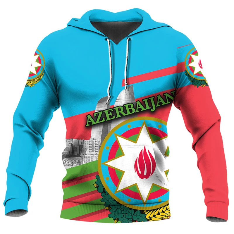 Azerbaijan National Emblem Pattern Azerbaijani Flag 3D Print Hooded Sweatshirts Daily Casual Breathe Oversized Hoodie Pullovers