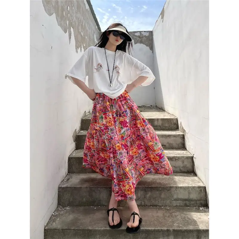 Gonna da donna stile vacanza Ispirazione greca antica Pittura a olio in cotone Gonna colorata Gonna lunga con stampa artistica giovanile