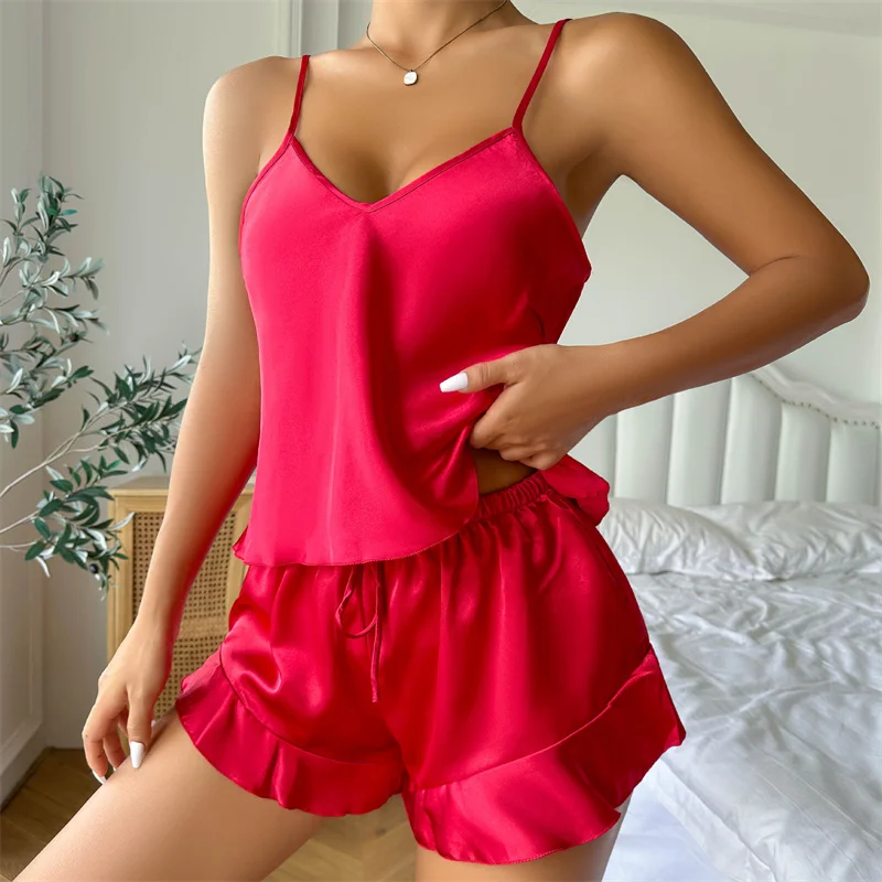 Summer Imitation Silk Nightgown Women\'s Sexy Silk Satin Ruffled Pajamas Sets Sling Shorts Sleepwear Home Suit