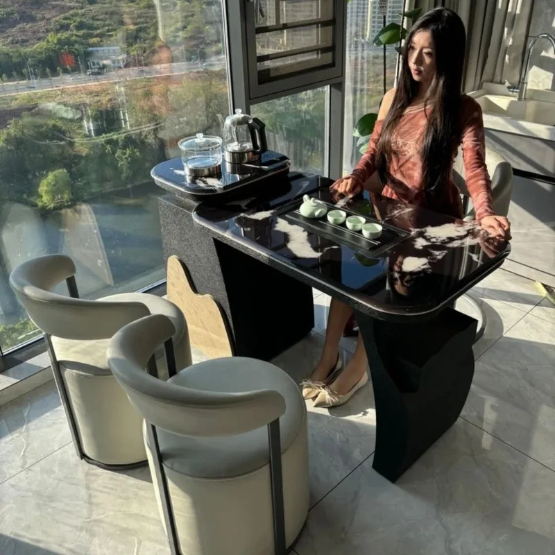 High-end small balcony tea table and chair combination, kettle integrated embedded living room home tea table