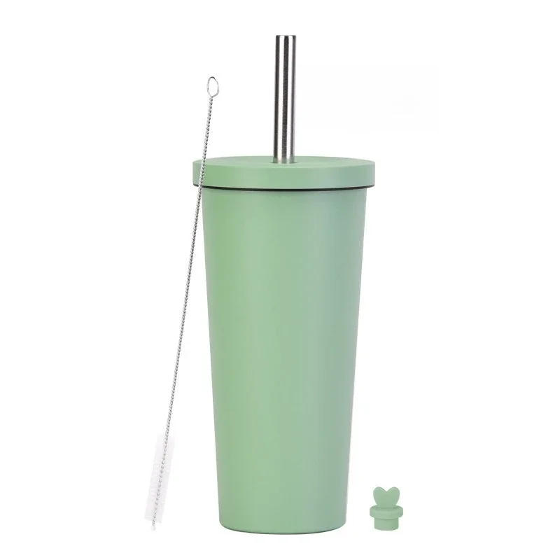 Stainless steel straw cup 304 liner bubble tea cup vacuum double-layer thermal insulation straw water
