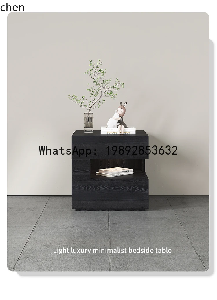 solid wood bedside table minimalist black bedroom light luxury bedside table