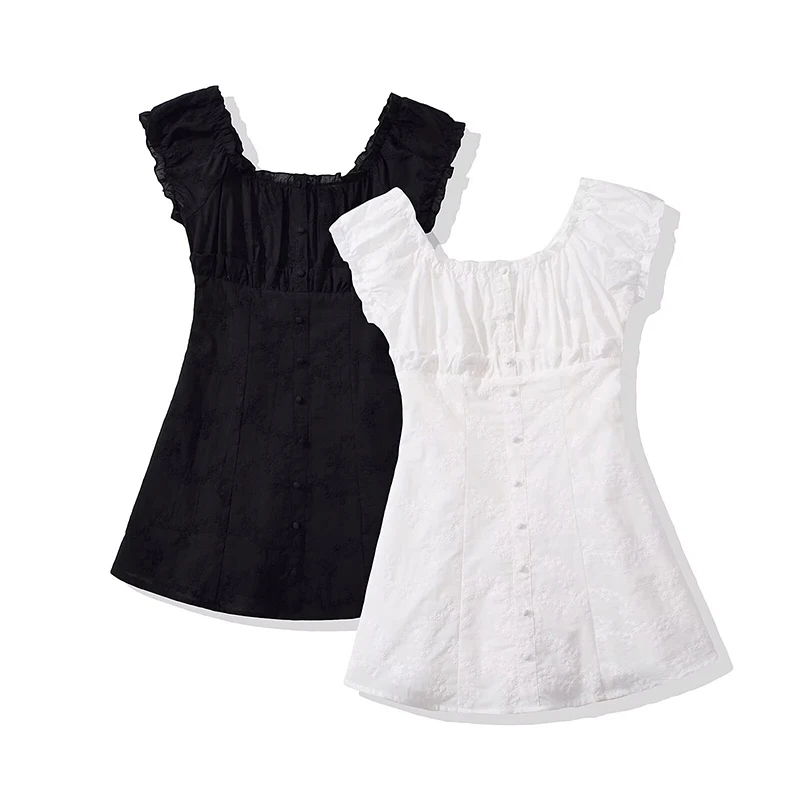 

YENKYE Sexy Off Shoulder Black White Mini Dress Women Front Button Short Sleeve A-line Floral Summer Dresses Holiday Robe