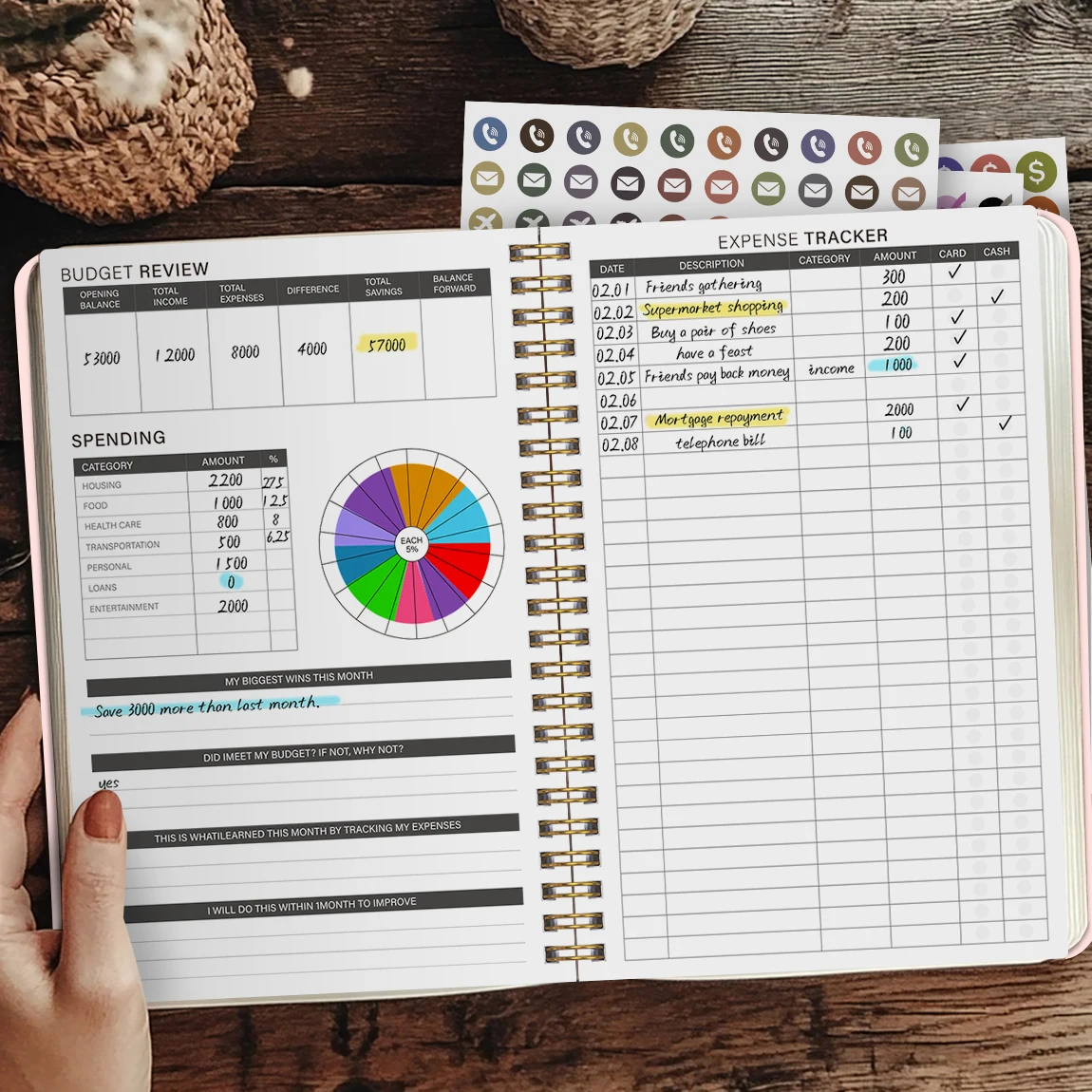 A5 Budget Planner Book with 3 Sheets Stickers, Undated Monthly Finance Organizer, Budget Journal for Money Management, Cash Flow