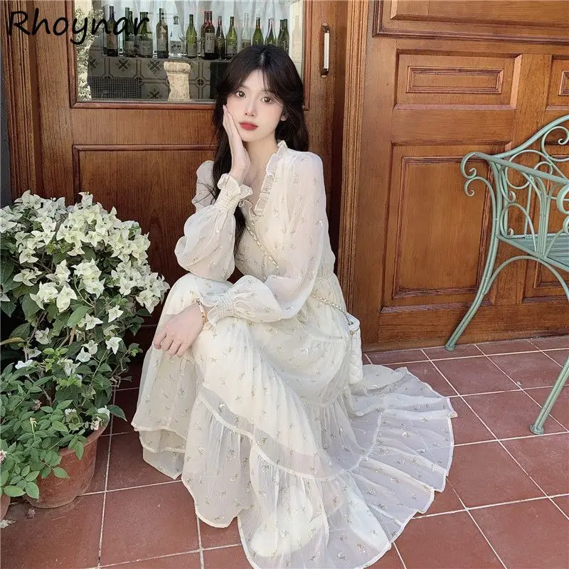 

Floral Print Dresses Women Spring Lace-up Flare Long Sleeve Sweet Fairycore French Style Fashion Temperament Loose Slim Cozy