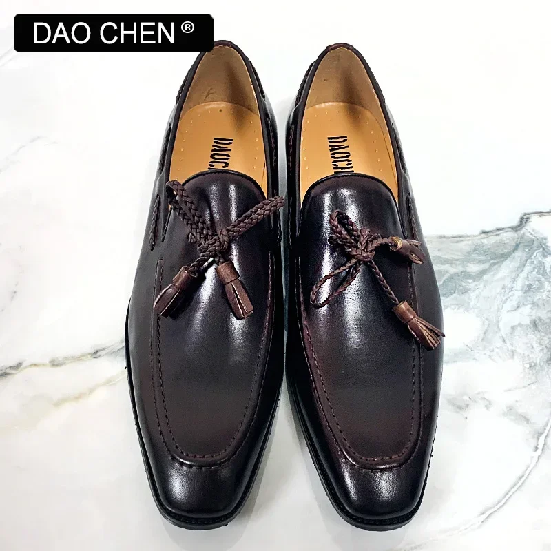 LUXURY BRAND MEN'S LEATHER SHOES BLACK BROWN TASSEL LOAFERS SLIP ON MENS DRESS SHOES WEDDING OFFICE CASUAL SHOES FOR MEN