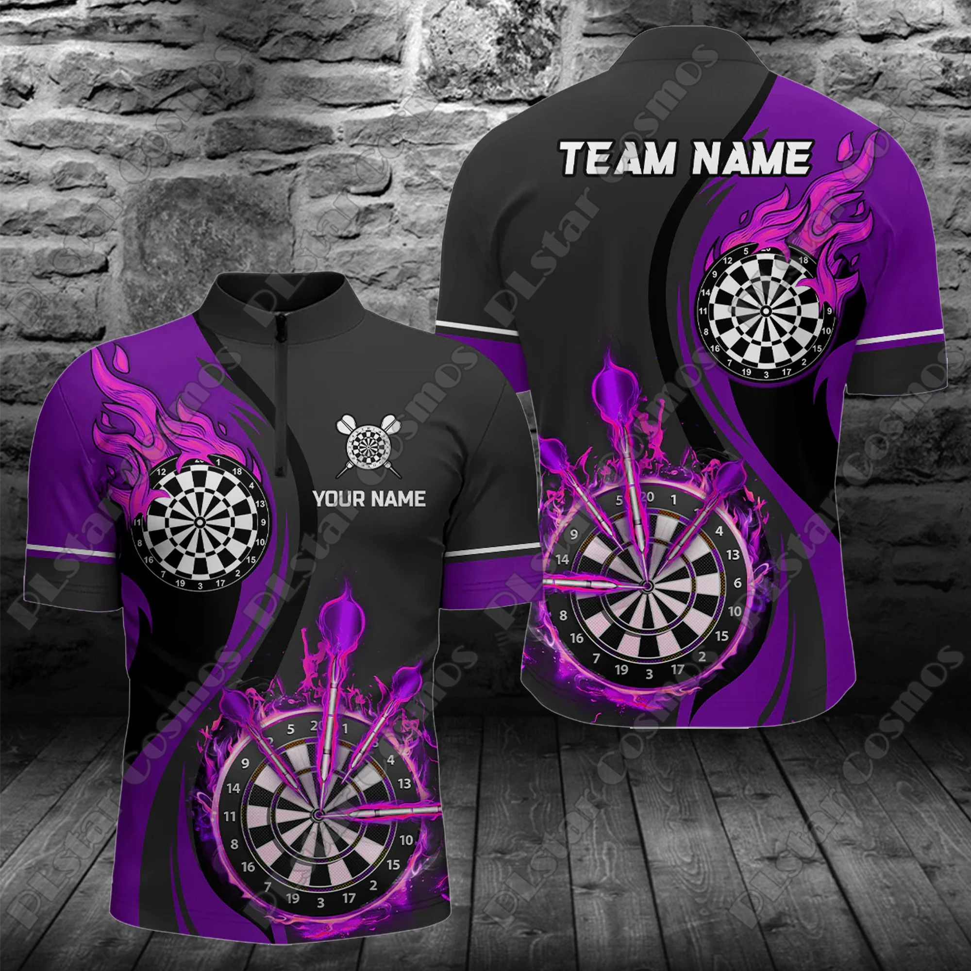 Personalized Name Purple Fire Flame Dartboard Dart 3D Printed Fashion Men Summer Zip Polo Shirt Dart Team Jerseys XKP06