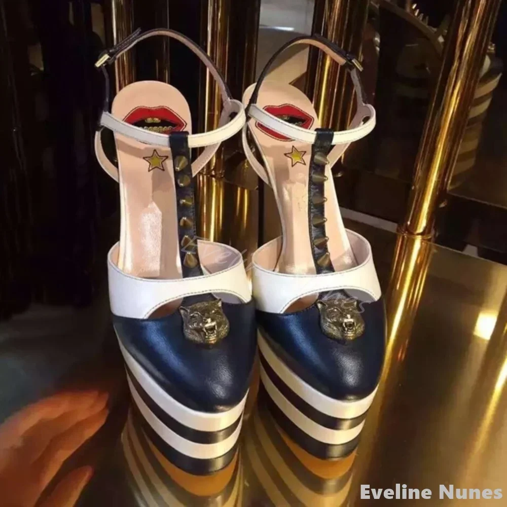 Thick-soled 16cm High-heeled Sandals Women Round Toe Rivet Metal Decoration Mixed Colors Sandals 2024 Sexy Catwalk Party Shoes