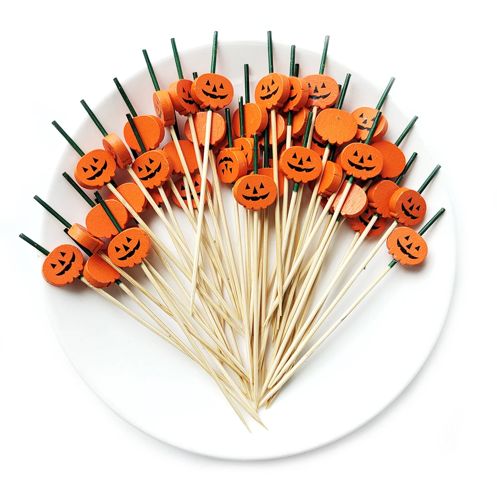 100 Stück Halloween Einweg-Bambusspieße Kürbis-Obstgabel Buffet Dessert Cocktail-Sticks Weihnachts-Schneedeckoration 2026 – Detail 3