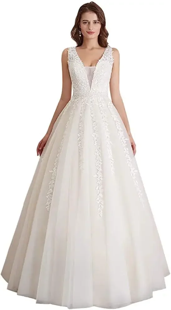 

Women's Wedding Dress for Bride Lace Applique Evening Dress V Neck Straps Ball Gowns Simple Wedding White Dress