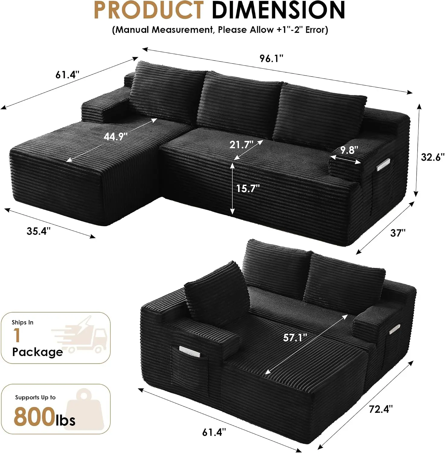 96 Inch Cloud Couch L Shape Upholstered Boneless Modern Modular Sectional Sofa Chaise Living Room