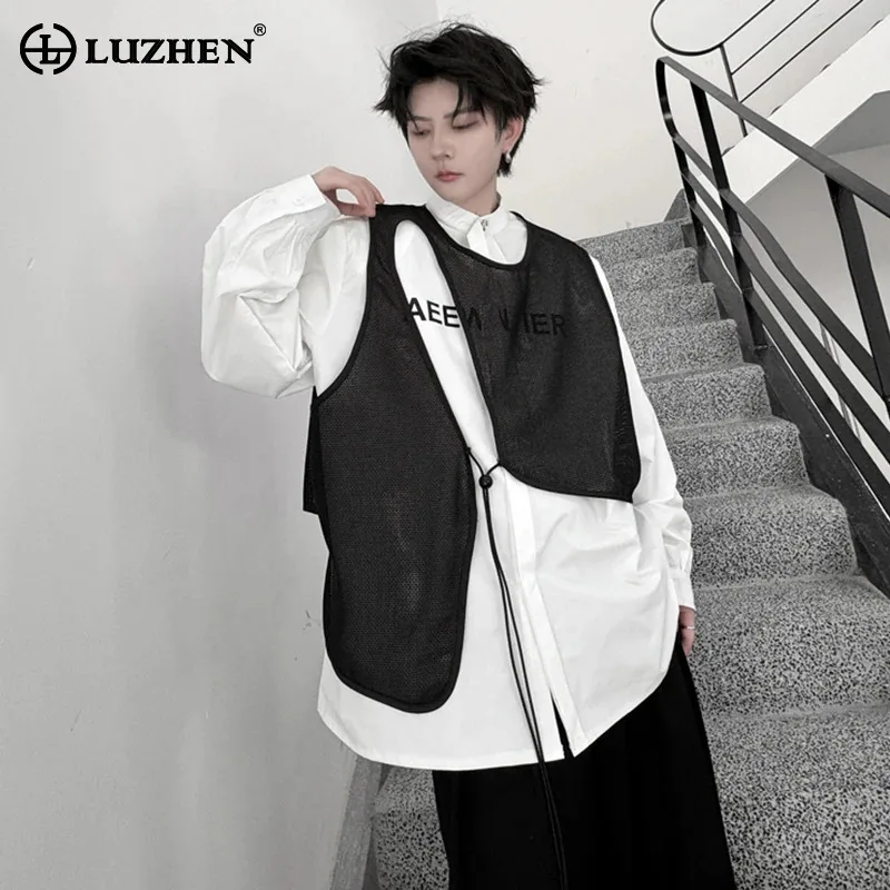 

LUZHEN Irregular Vest See-through Short Front And Long Back Stylish Designer Trendy Original Thin Men Pullovers Waistcoat LZ5255