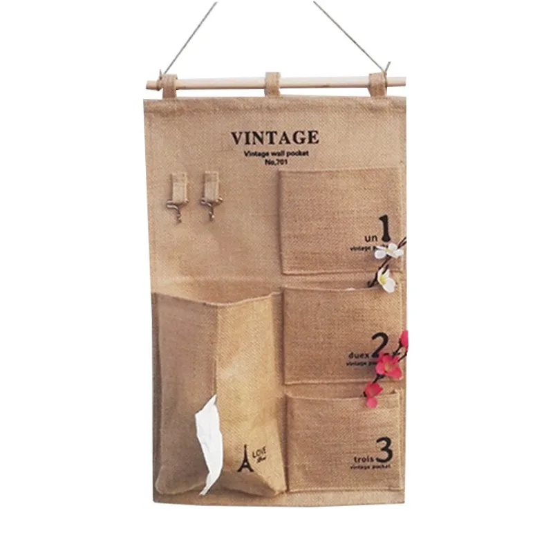 1 Uds. Bolsa de almacenamiento multibolsillo de algodón y lino creativa de tela de yute, bolsa de almacenamiento de artículos varios, colgante de pared trasera para puerta