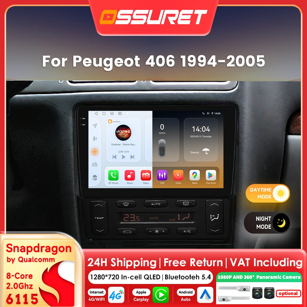 Autoradio 9 "2din Carplay Andorid 14 per Peugeot 406 1994 -2005 lettore multimediale di Snapdragon 6115 Autoradio GPS 360 Cam Screen