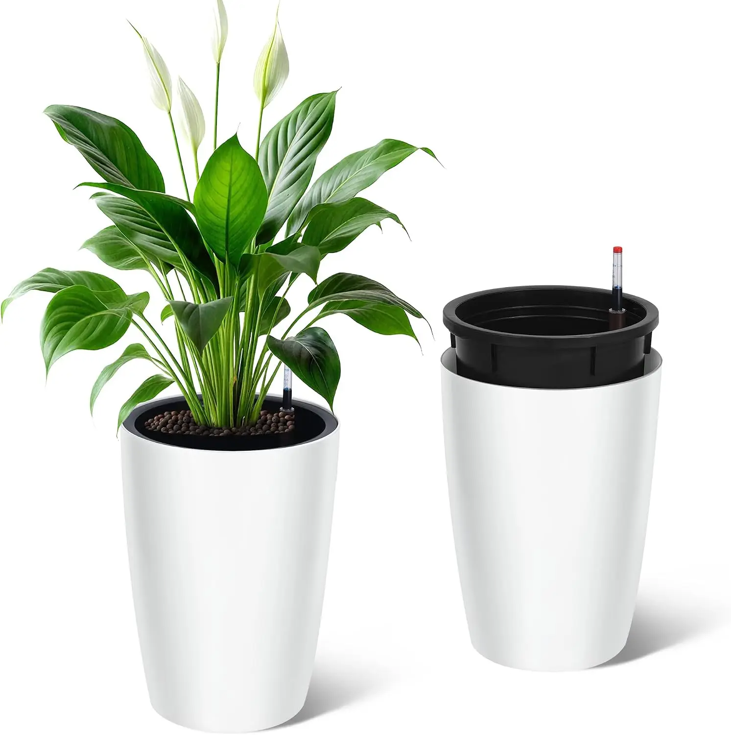Tacleekii 16 in Tall Planters Set of 2 Plant Pots Self Watering Pots for Indoor Plants, Flower Pots with Built-in Drainage and Visual Water Level Design, for Patio, Porch, Living Room, or Home Office, White