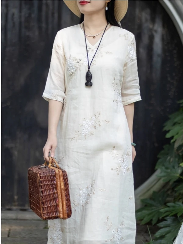 Ele V-Ne bordado A-Line Dr cinco cuartos Sve modificado chino Sle Midi Dr Verano 2025