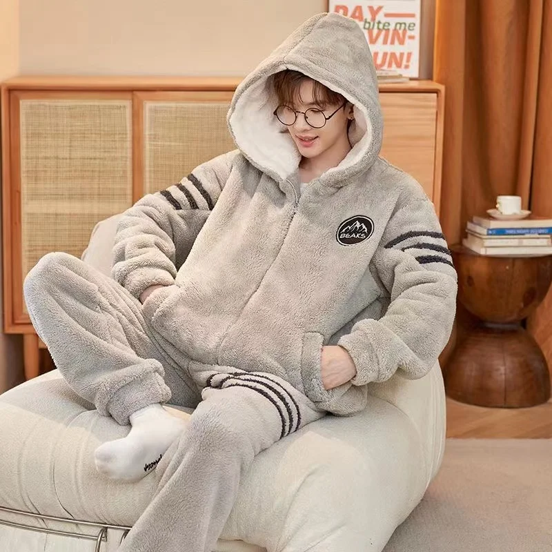 Male Zipper Pajamas Sets Winter Coral Fleece Warm Thickened Sleepwear MenThermal Flannel Pyjamas Turtleneck Lounge