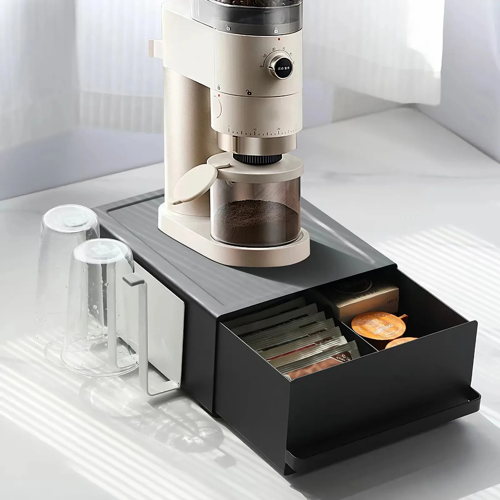 Metal Coffee Machine Stand with Drawer Capsule Storage Box Dust Proof Holder Space Saving Countertop Organizer Home Cafe Kitchen