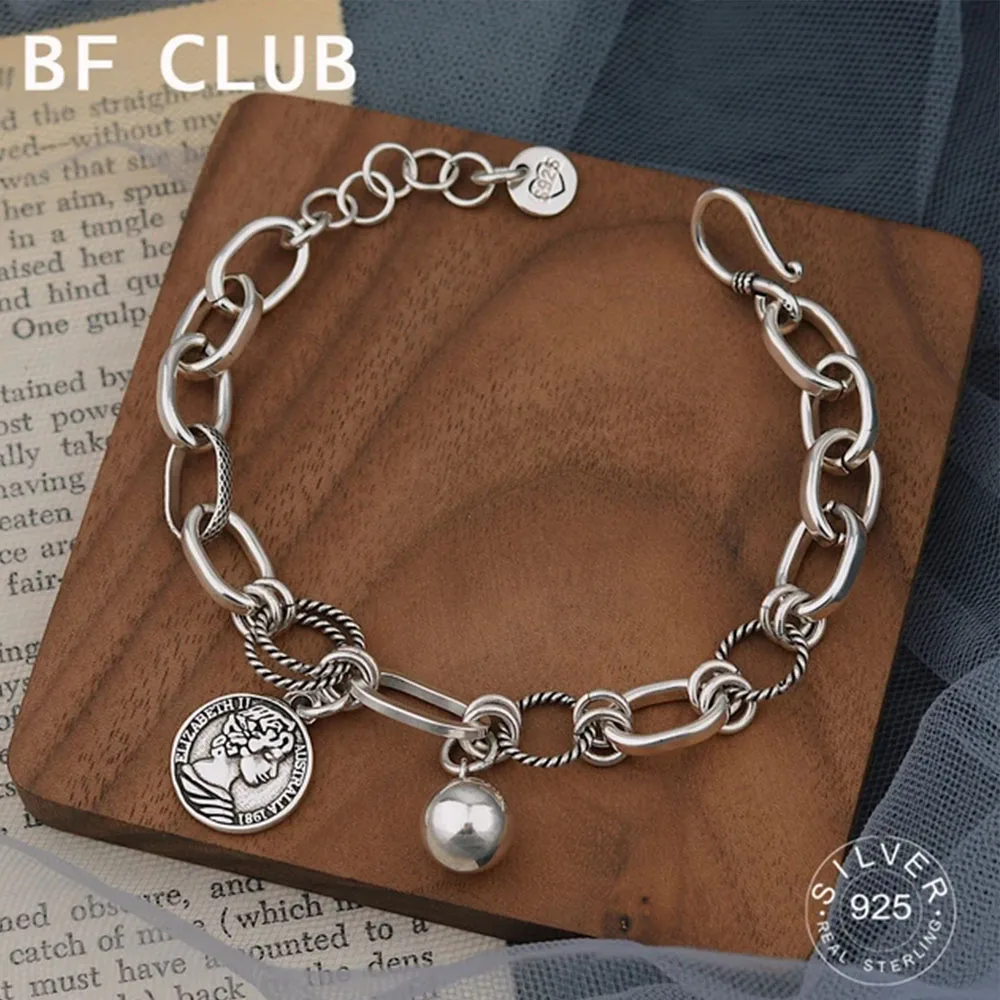 

BFCLUB Silver Color Hiphop Thick Ball Bracelet for Women Men Vintage Handmade Hasp Bracelet Birthday Gift