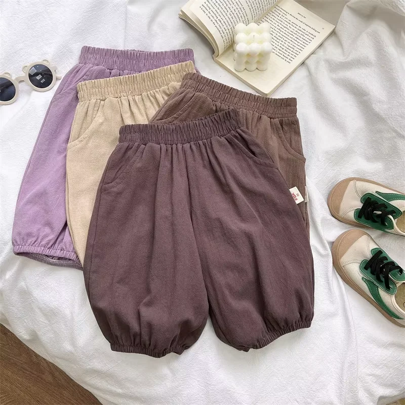 Children's Pants New Summer Solid Cotton Linen Elasticity Thin Korean Retro Lantern Bottoms Casual Outdoor Playwear‌ Boys and G
