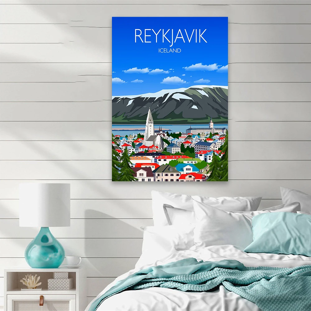 ريكجافيك طباعة الجدار ملصق فني أيسلندا المشهد طباعة مدينة الطبيعة ريكجافيك المشهد قماش اللوحة ديكور غرفة نوم المنزل #3