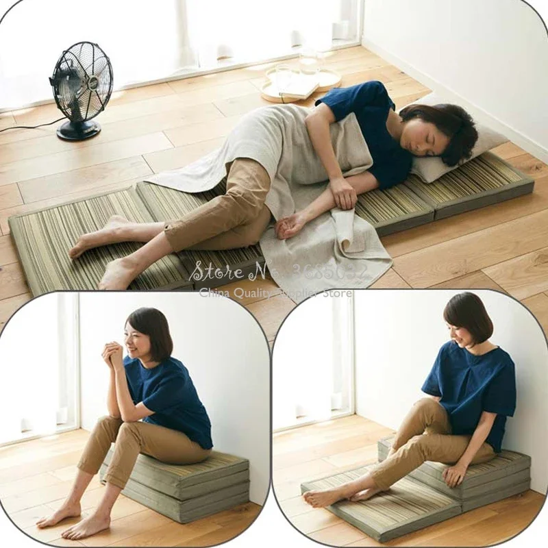 Foldable Straw Mat, Fabric Tatami Mattress, Comfortable Rectangle Floor Mat for Sleeping, Japanese Style Folding Mat