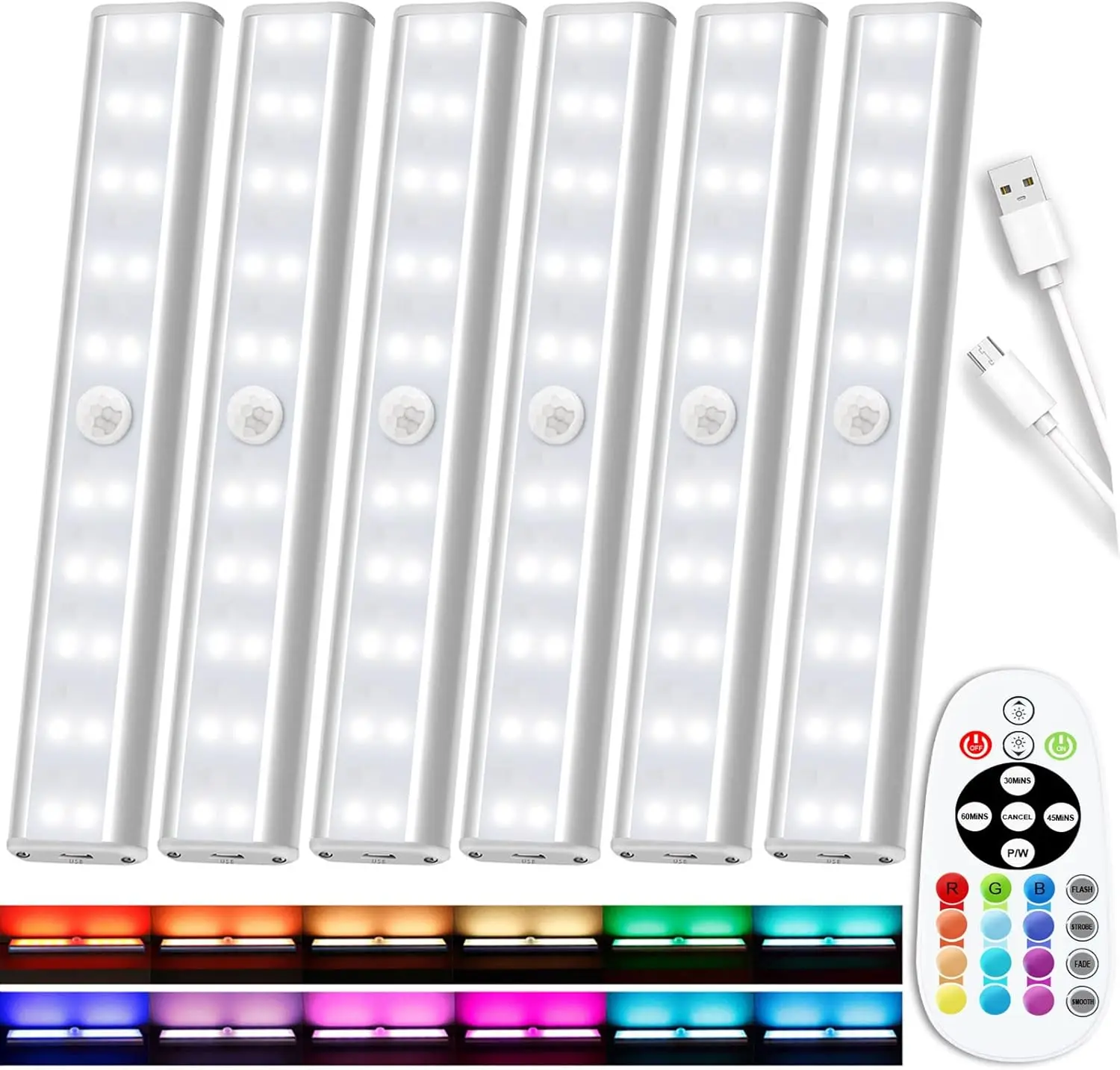 

48-LED Rechargeable Under Cabinet Lights with Remote, 15 Colors & Dimmable, Wireless for Kitchen Closet Display (6 Pack)