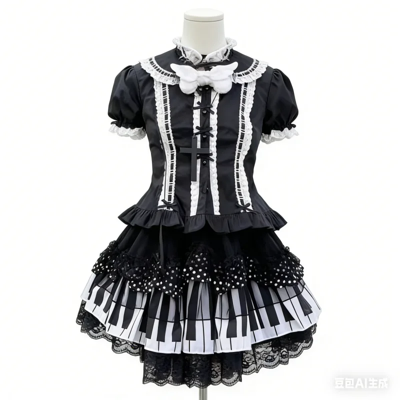 

Japanese Sexy Y2k Punk Short Sleeve Dress Sets Kawaii Polka Dot Lace Ruffle Mini Skirt Patchwork Subculture Slim Spring Summer